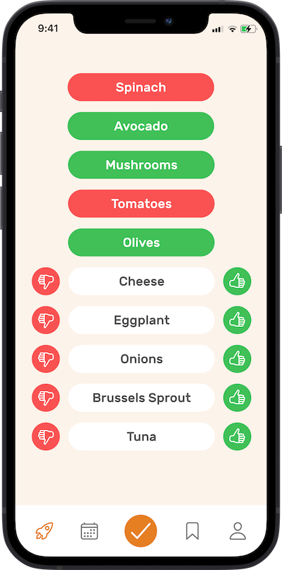i-Phone screen showing users preferences in omnifood app